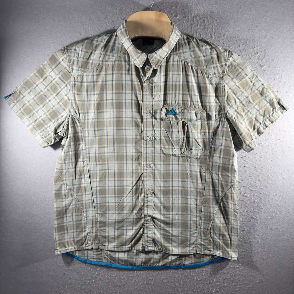 3312 | adidas Outdoor Plaid Vented Hiking Shirt Tan Blue Men L Gorpcore